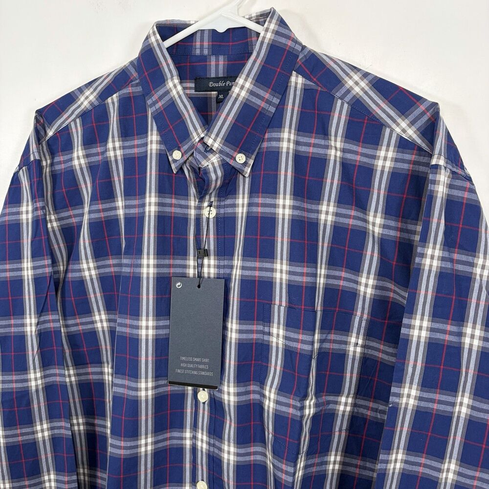 Double Pump Button Down Shirt Mens Size XL Blue Red Gray Plaid Long Sleeve NWT